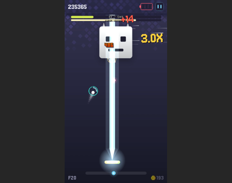 A charged laser fires from the paddle straight up into a white horned boss on floor 20, with a 3.0X combo multiplier lit up beside it.